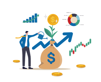 Picture Color Illustration Man Stands next to and waters giant money bag with a plant coming out surrounded by financial charts and graphs and gold coins