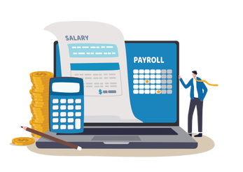 Picture Color Illustration Man stands next to giant laptop, calculator, gold coins and pencil while looking at payroll and salary summaries